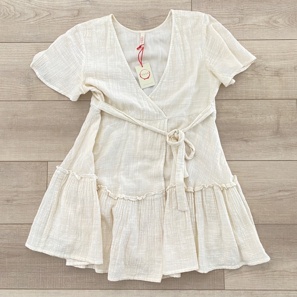 Raga Mini Sienna Wrap Dress Ivory Size Small  V Neck Short Sleeve